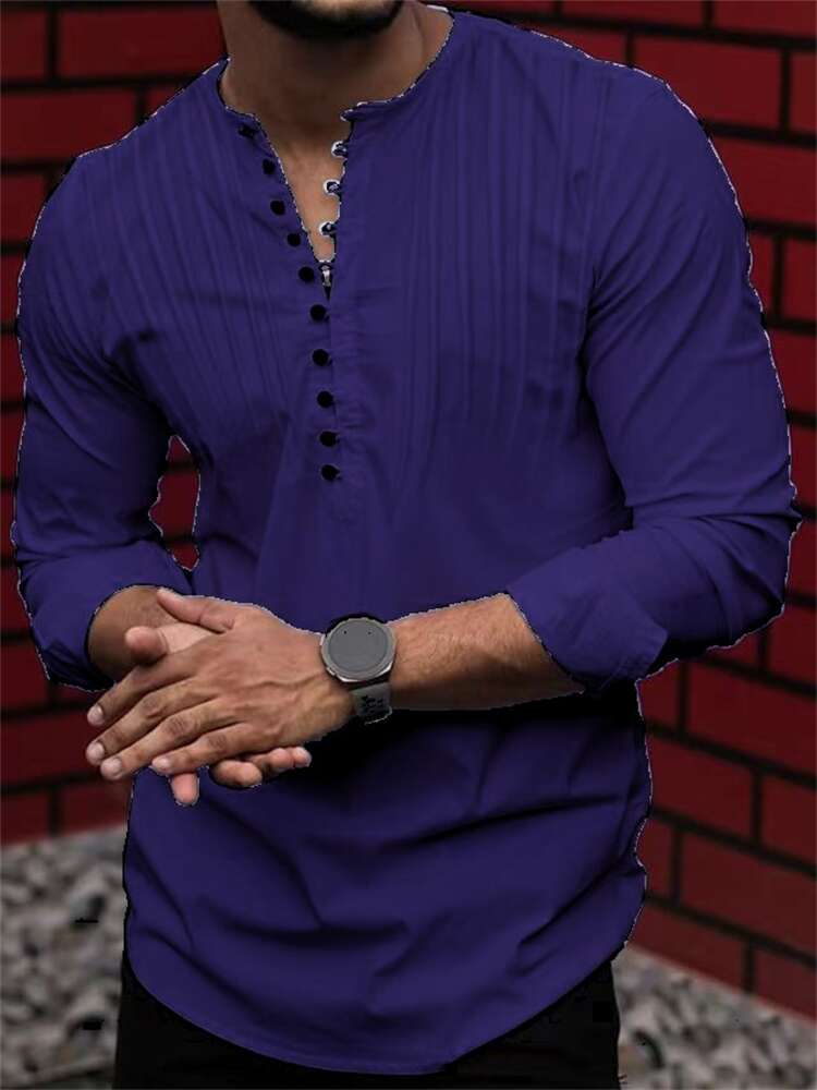 NEW Men's Solid Color Linen Long Sleeve Shirt Button Shirts Trend  vintage Stand Collar Casual Cotton Tops US-Size
