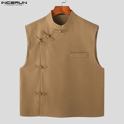 Men Shirt Solid Stand Collar Sleeveless Vintage Chinese Style Knot Button Men Clothing Summer  Casual Vests S-5XL