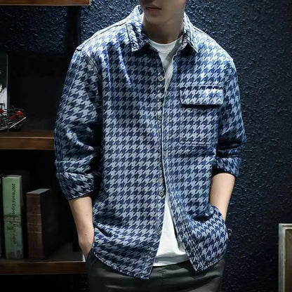 saferido Spring Autumn New Vintage Printing Turn-down Collar Long Sleeve Shirt Man Cotton Loose All-match Single Breasted Cardigan