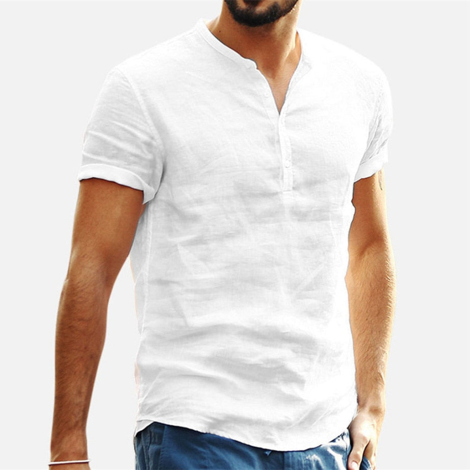 Men's Standing Collar Cotton Linen Short Sleeved Shirt Men's Designer Clothes Popular Tops for Men