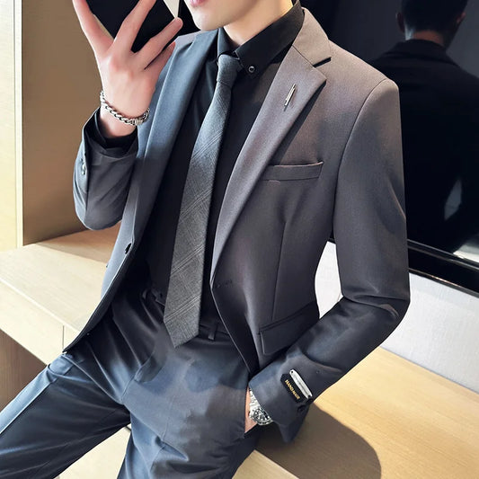 saferido New (Blazer+ Trousers) Men's Gentleman Fashion Business Suits Solid Color Korean Style Wedding Work Suit 2 Piece Set Tuxedo