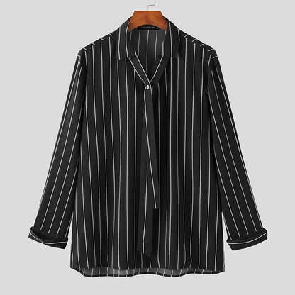 Fashion Men Striped Shirt Lapel Long Sleeve Streetwear Tie Autumn Casual Men Clothing Korean Leisure Shirts S-5XL
