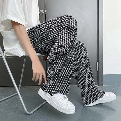saferido Summer Ice Silk Pants Men Oversized Retro Plaid Pants Men Japanese Streetwear Loose Wide Leg Pants Mens Pleated Trousers M-5XL