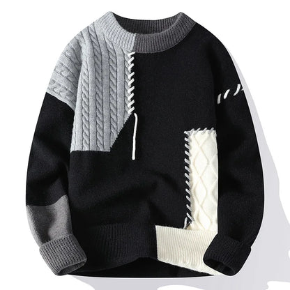 Man Panelled O-neck Jumper Autumn Winter Korean Simple Casual Streetwear Warm Knitted Ribbed Sweater Male Fashion Pullover