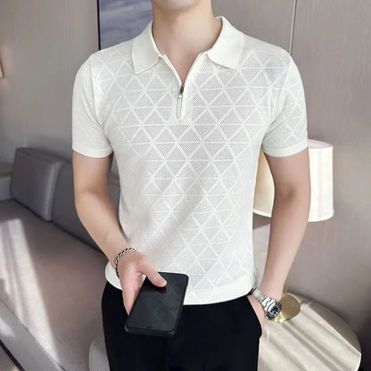 saferido Korean Style Men's Summer Casual Knitted Polo Shirts/Male Slim Fit Fashion Zipper Design Hollow Out Polo Shirts S-3XL