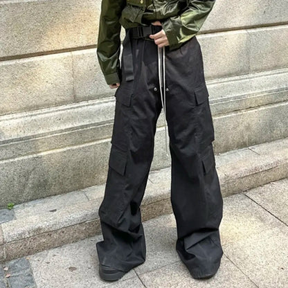 saferido Wide Leg Drawstring Black Cargo Pants Unisex Straight Baggy Casual Overalls Men's Streetwear Loose Oversized Trousers