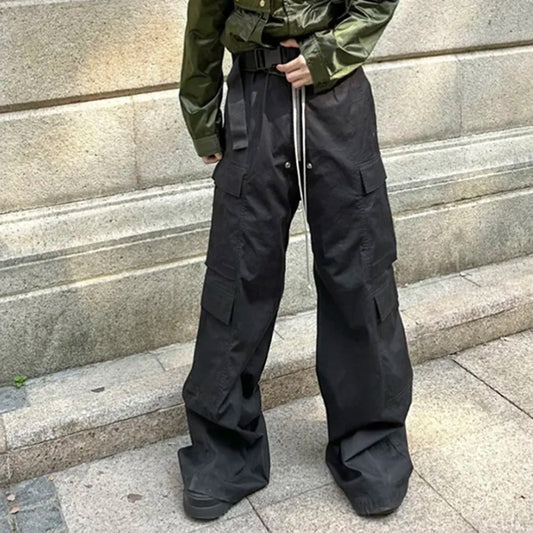 saferido Wide Leg Drawstring Black Cargo Pants Unisex Straight Baggy Casual Overalls Men's Streetwear Loose Oversized Trousers