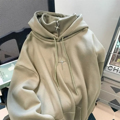 saferido American Style Retro Design Sense Four Pointed Star High Collar Hooded Sweater for Men and Women Trend Winter Thick Top Coat