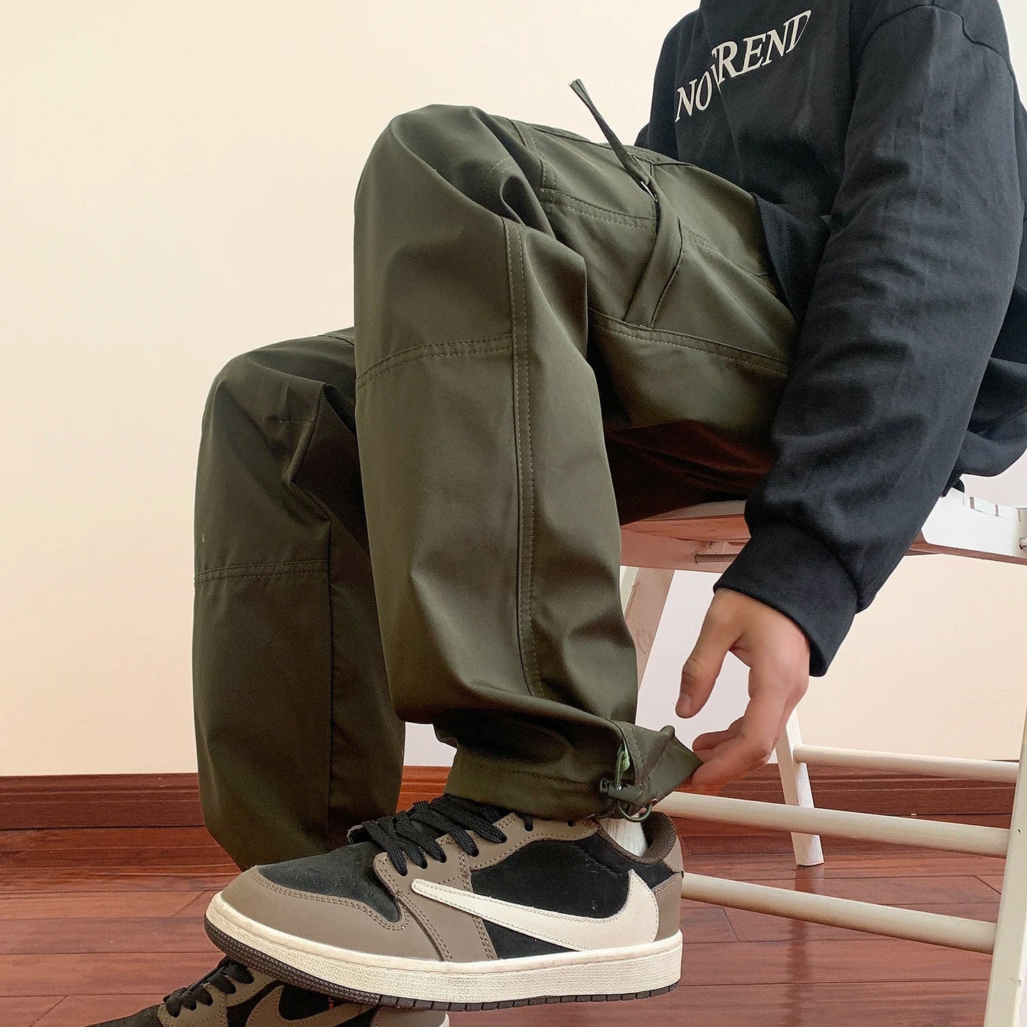 saferido Fashion Korean Side Zipper Casual Wide Leg Pants Khaki/Black Men Spring Autumn Streetwear Loose Straight Pant Mens Trousers
