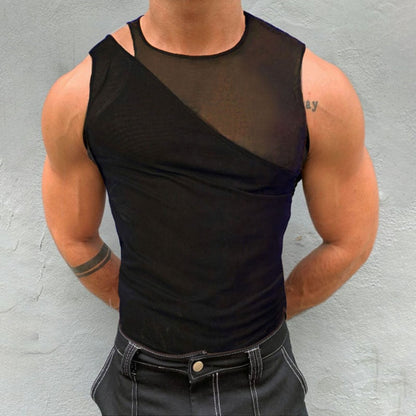 Fashion Transparent Mesh Tank Tops Men Sexy Slim Crew Neck Sleeveless Camisole Streetwear Mens Pure Color Irregular Design Vest