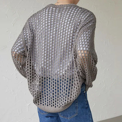 Mens Y2k Hollow Out Outfits See-Through Knit Shirts New Summer Fashion All-Match Casual Geometric Vintage Loose Smock Tops