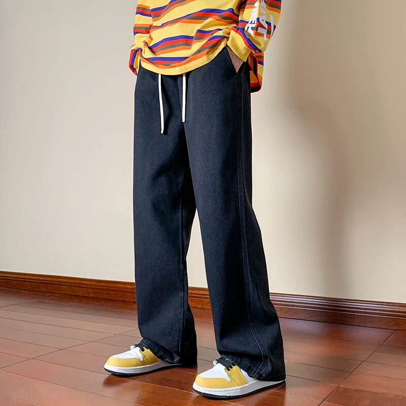 Korean Fashion Men's Black Baggy Jeans Drawstring Design Elastic Waist Streetwear Jeans Loose Straight Denim Skate Pants Male