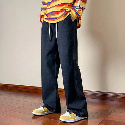 Korean Fashion Men's Black Baggy Jeans Drawstring Design Elastic Waist Streetwear Jeans Loose Straight Denim Skate Pants Male