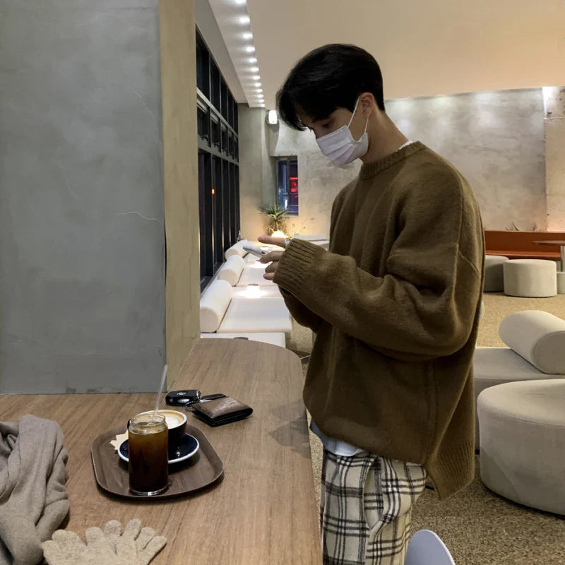 Men's Clothing Thickening Mohair Sweater Winter Loose Korean Style Vintage Kintted Sweater Round Collar Pullover