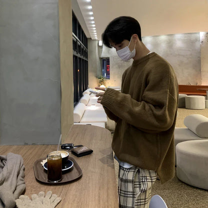 Men's Clothing Thickening Mohair Sweater Winter Loose Korean Style Vintage Kintted Sweater Round Collar Pullover
