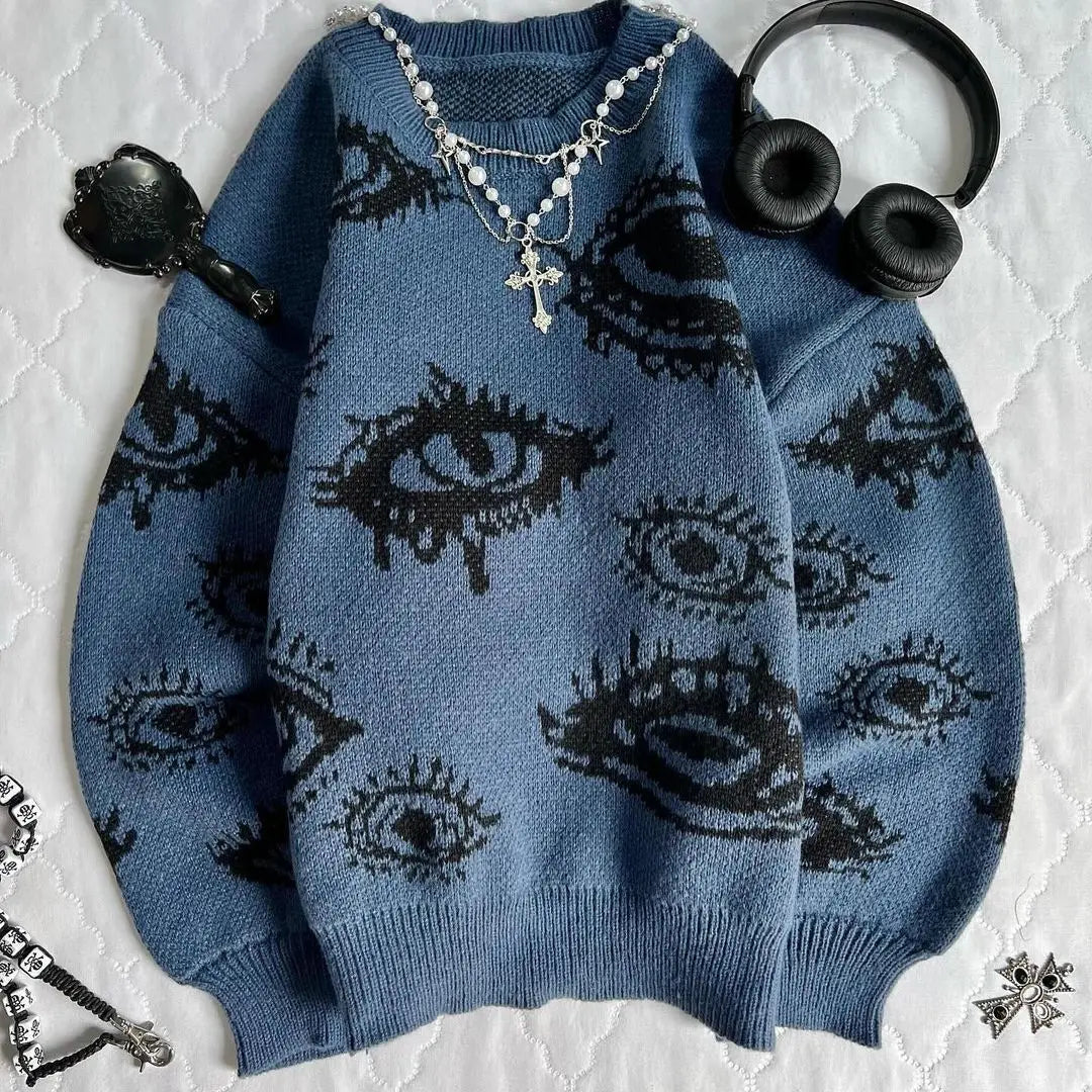 saferido Gothic Punk Oversized Eye Pattern Sweaters for Men and Women Autumn and Winter Thickened Sweatshirts Knitted Sweater Streetwear