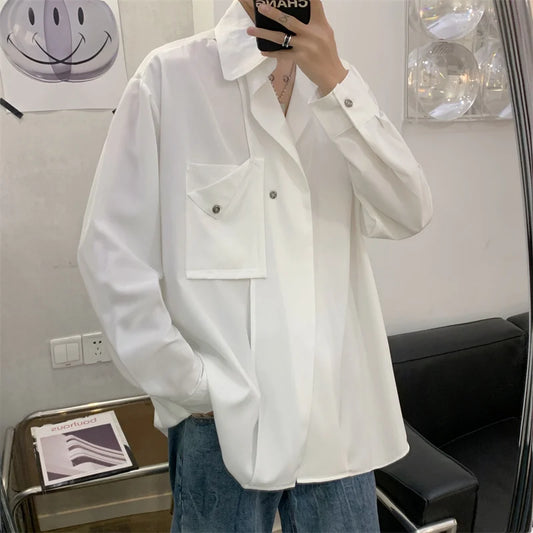 saferido Korean Streetwear Spring Color New Style Personalized Men's Suit Stand Collar Diagonal Button Long Sleeve Shirt Male