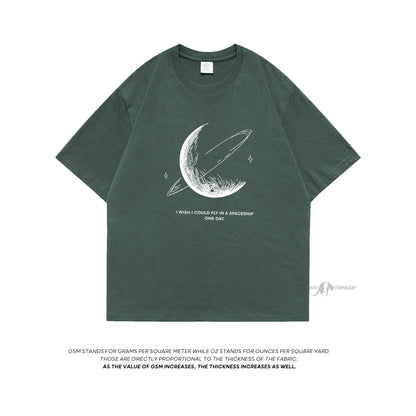 HybSkr Simple Stroke Moon Graphic Men Tshirt Oversize Letter Print Short Sleeve T-shirt Cotton Male Streetwear Unisex Basic Tops