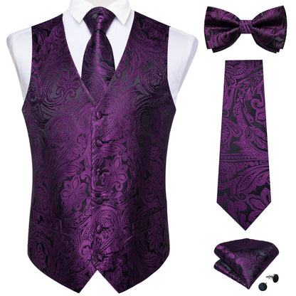 Men Black Paisley Vest Necktie Bowtie Pocket Square Cufflinks Dress Set Classic 5 PCS Business Waistcoat for Man