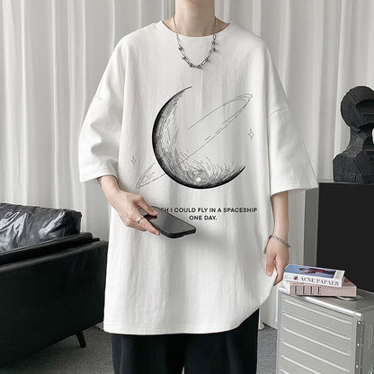 HybSkr Simple Stroke Moon Graphic Men Tshirt Oversize Letter Print Short Sleeve T-shirt Cotton Male Streetwear Unisex Basic Tops