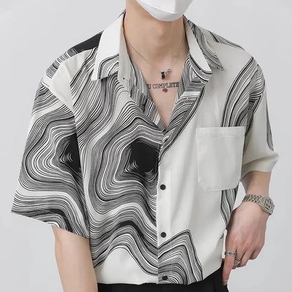 New Summer Design Irregular Silky Drape No-iron Lapel Shirt for Men Korean Fashion Texture Pattern Short Sleeve Men Shirts