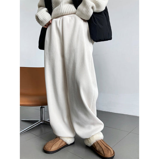 Winter Casual Thick Pants Stretch High Waist Warm Fleece Ladies Pants Female Trousers Wide Leg Pants Weight about 830g