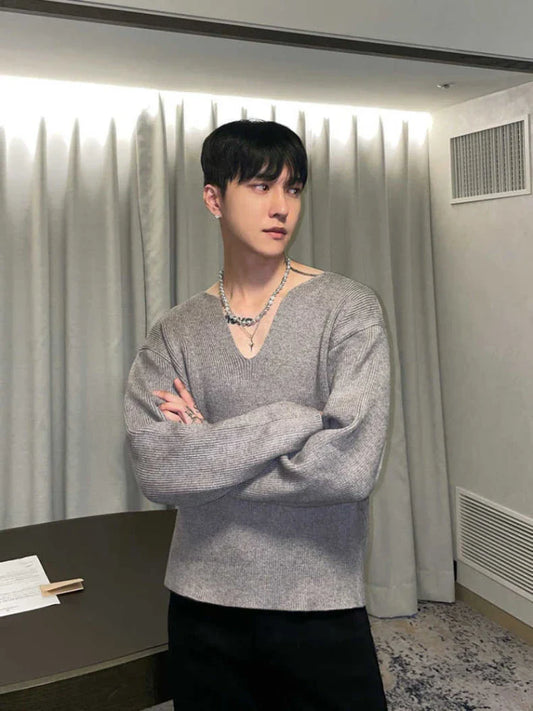 saferido Knitted Sweaters for Men Plain Man Clothes Black Loose Solid Color Pullovers V Neck S Knitwears Plus Size Korean Style Baggy A X