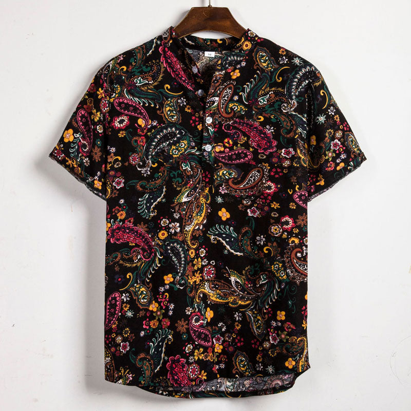 Summer New Short Sleeve Floral Hawaiian Shirt Men Half Placket Collar Beach Shirt Men Casual Holiday Vacation Clothing 3XL
