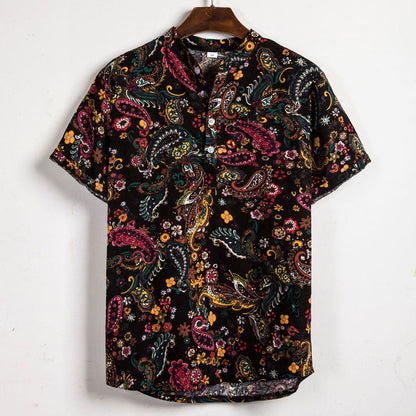 Summer New Short Sleeve Floral Hawaiian Shirt Men Half Placket Collar Beach Shirt Men Casual Holiday Vacation Clothing 3XL