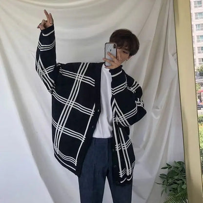 Men's Clothing Cardigan Plaid Knit Sweater Male V Neck Long No Hoodie Wool Casual Sale Best Selling Products Classic Street