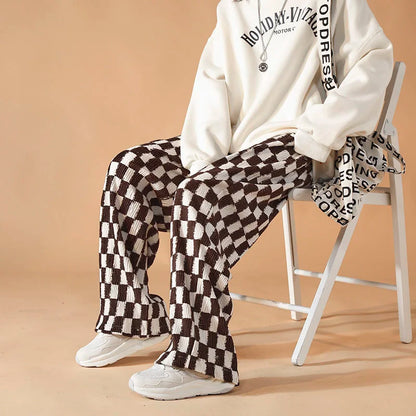 saferido Casual Straight Wide Leg Pants Men High Street Trend Mopping Pants Loose Overalls Contrast Color Plaid Printed Trousers Spring