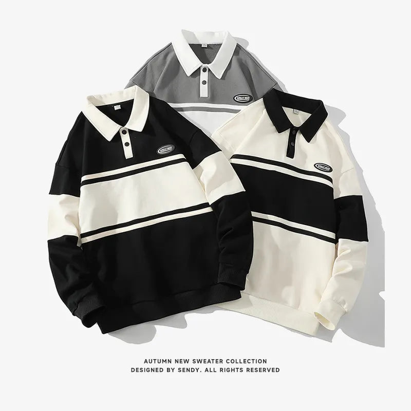 Fashion Polo Shirt Men For  Autumn Spring Long Sleeves Harajuku Korea Striped Tops Tees Casual Tshirt Clothes Oversize