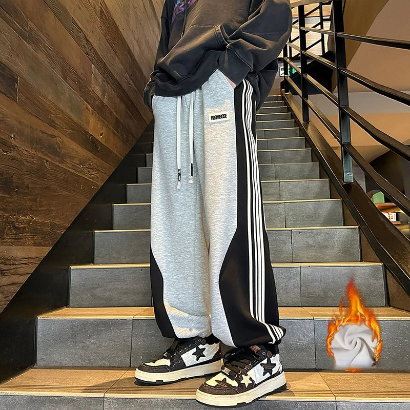 saferido Baggy Casual Side Stripe Men Sweatpants Thicken Warm Korean Style Patchwork Color Clash Sports Pants Harajuku Man Trousers