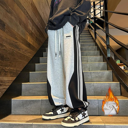 saferido Baggy Casual Side Stripe Men Sweatpants Thicken Warm Korean Style Patchwork Color Clash Sports Pants Harajuku Man Trousers