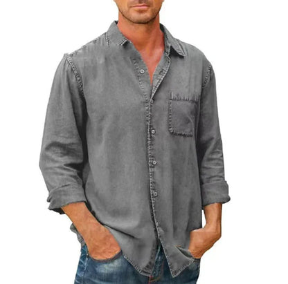 saferido Spring Autumn New Mens Denim Long Sleeve Button Down Pocket Shirt Retro Work Male Slim Fit Solid Color Casual Fashion Tops