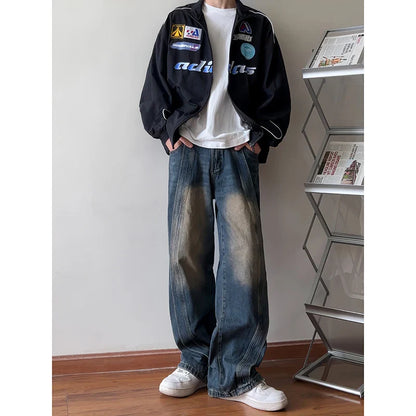 saferido Men's American High Street Dark Blue Color Casual Pants Fashion Trend Loose Personality Jeans Retro Loose Trousers M-5XL