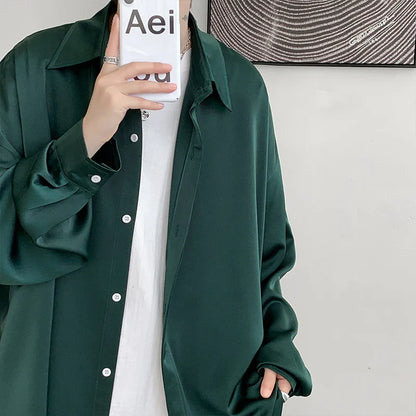 saferido Korean Fashion Ice Silk Shirts for Men Spring Summer Solid Color Long Sleeve Casual Loose Comfortable Button Up Shirt 5XL-M