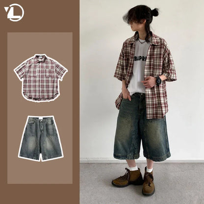 Summer Retro Men Set Checkered Fashion Short Sleeved Shirt+Big Pocket Washed Denim Shorts 2-piece High Street Trendy Unisex Suit