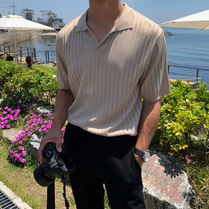 Fashion Solid Color Ribbed Knit Polo Shirt Men Slim Fit half Sleeve Tops Tee  Summer Temperament Youth Polos Tshirts Clothing