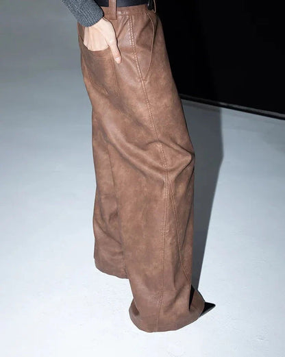 Spring Autumn Long Loose Casual Brown Pu Leather Pants Men Wide Leg LUxury Designer Unisex Trousers Fashions