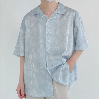 England Style Drape Ice Silk Shirts for Men  Short Sleeve Summer Thin Print Loose Harajuku Casual Vintage Shirt Korean Fashion