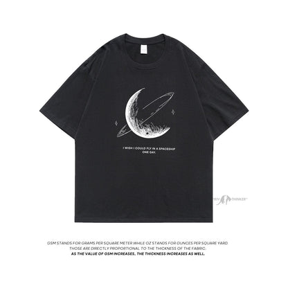 HybSkr Simple Stroke Moon Graphic Men Tshirt Oversize Letter Print Short Sleeve T-shirt Cotton Male Streetwear Unisex Basic Tops