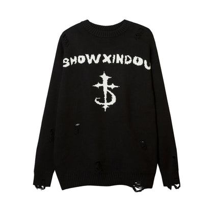 Harajuku Printed Knitwears Women Streetwear Hip Hop Destroyed Hole Ripped Pullovers Jumper Oversized Men