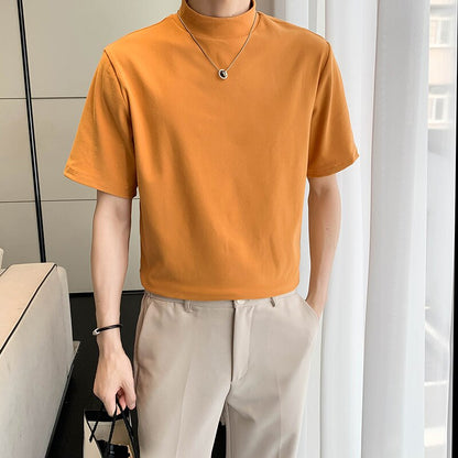 7Colors Solid Turtleneck Short Sleeve T-Shirts For Men Clothing Simple All Match Comfortable Casual Tee Shirt Homme Sale