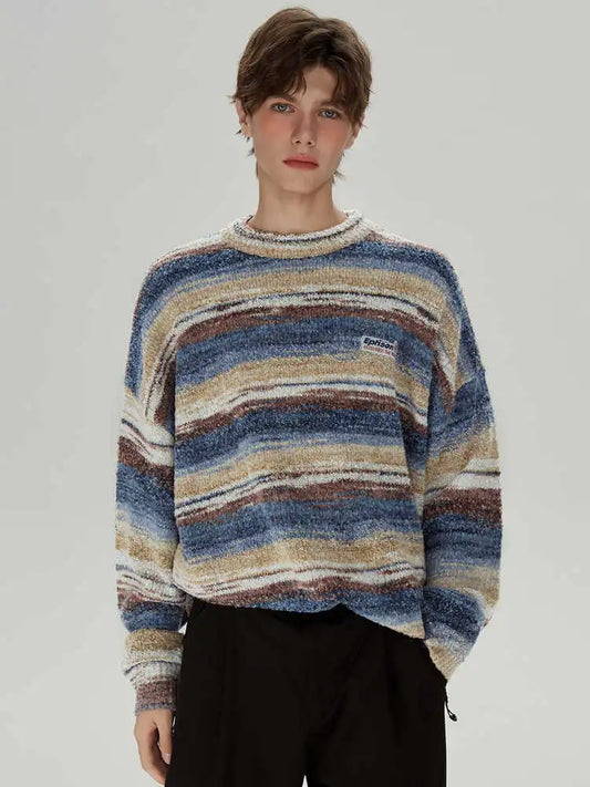 saferido Striped Knitted Sweater Coat Men Japanese Y2K Oversize Casual Autumn Winter Loose O-neck Pullovers for Man Streetwear
