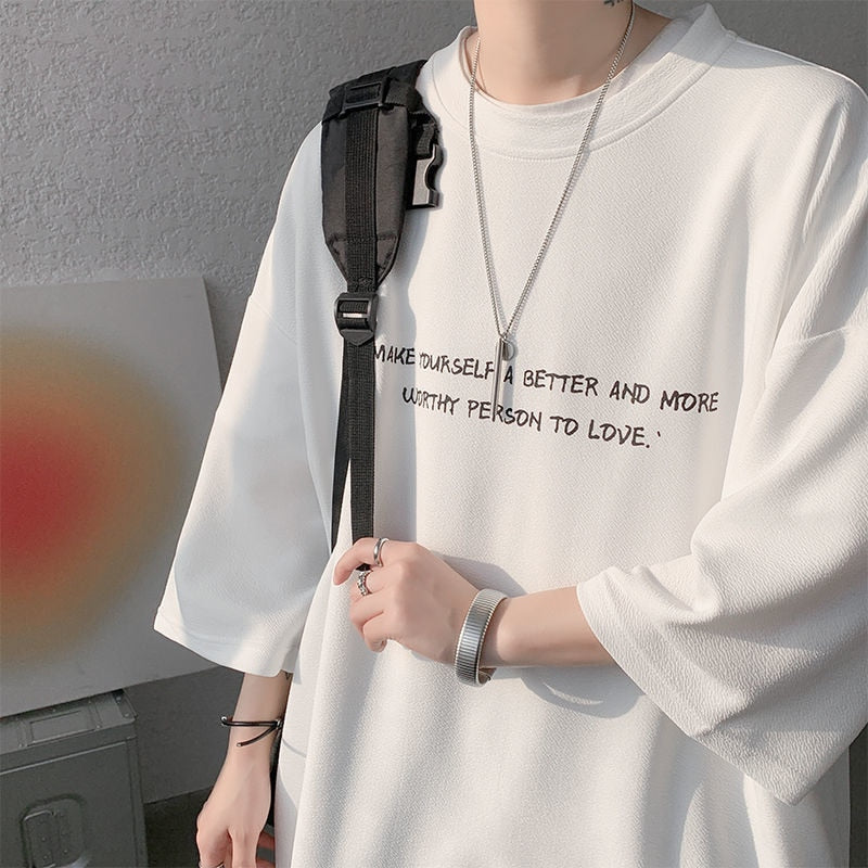 Men Summer Vintage T Shirts Letter Graphic Harajuku Casual Tshirt For Male  New Oversize Man Tees Three Quarter Tops