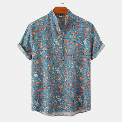 Summer New Short Sleeve Floral Hawaiian Shirt Men Half Placket Collar Beach Shirt Men Casual Holiday Vacation Clothing 3XL