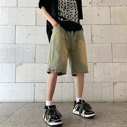 saferido  2024 Men Summer Vintage Oversize Loose Embroidery Jeans Men Straight Middle Shorts Male Casual Streetwear Denim Short Pant F19
