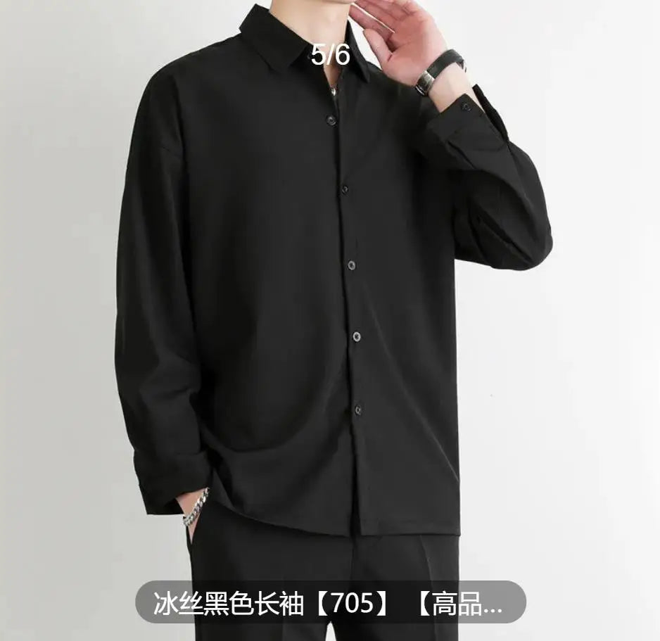 Premium Men Ice Silk Shirt Spring Summer Thin Luxury Loose Korean Business Shirt Solid Trendy Ruffle Draping Shirt Jacket