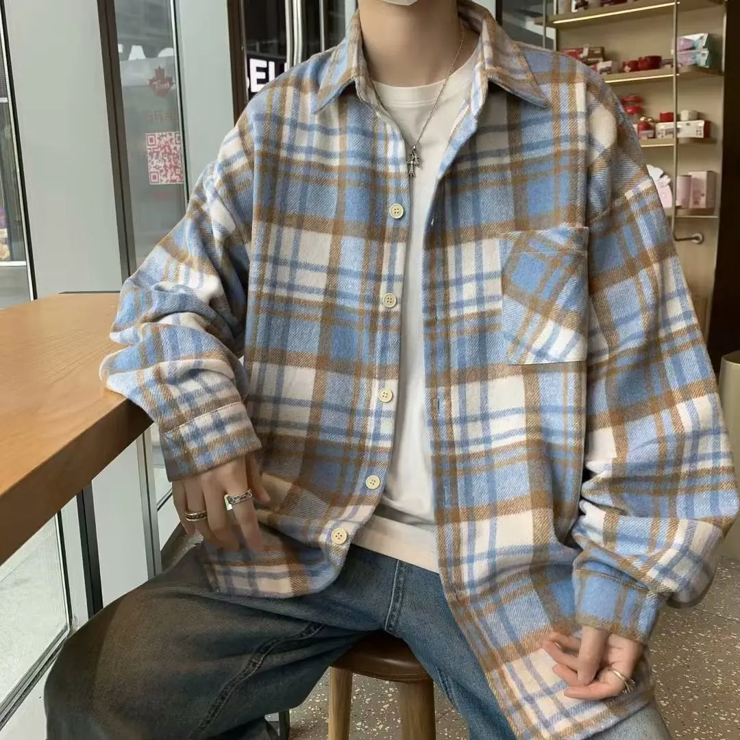 saferido Men 2024 Spring Summer Fashion Checkered Turn-down Collar Tops T-Shirt Men Clothing Casual Loose Long Sleeve Button Shirts